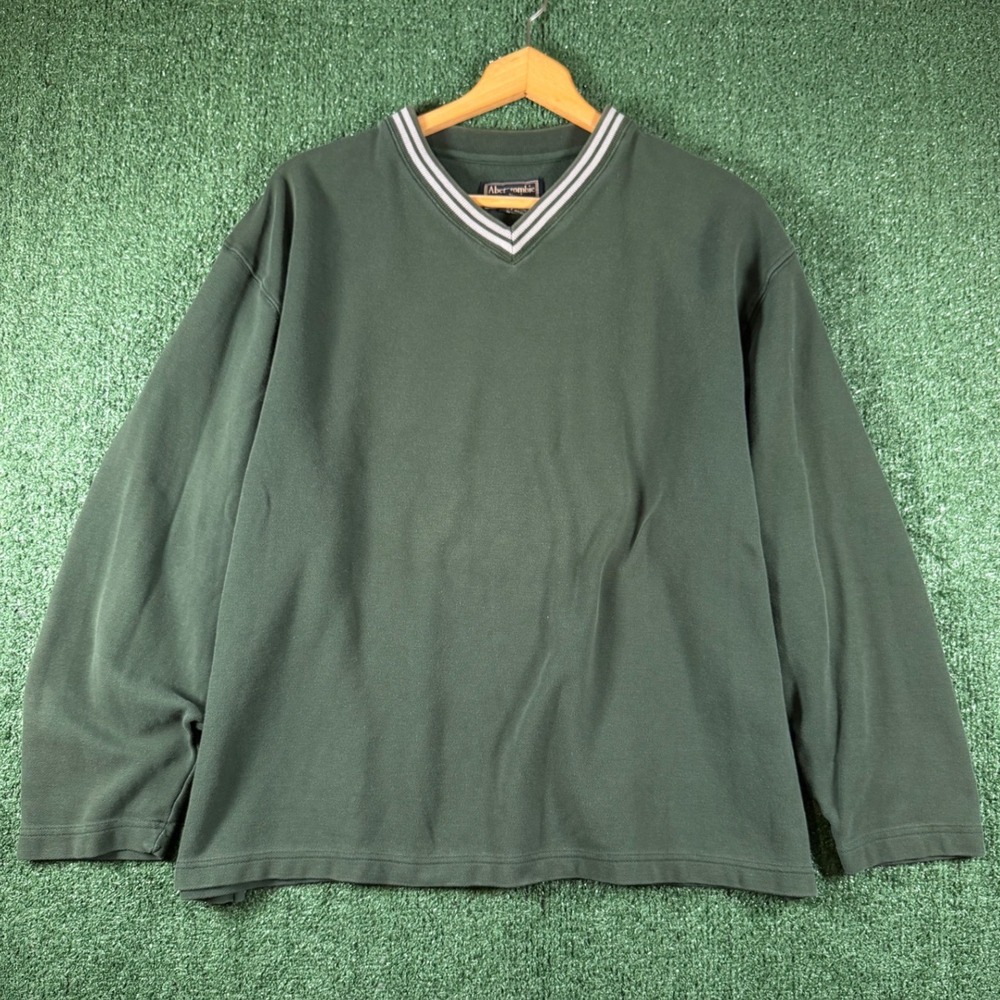 VTG Abercrombie & Fitch Sweatshirt Mens XL Green V-Neck Pique Cotton Pullover